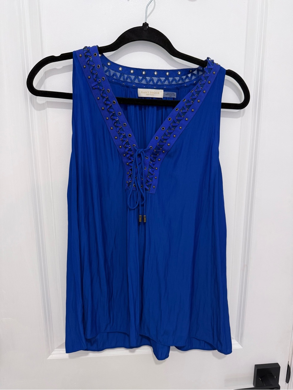 Ramy Brook Sleeveless Blue Tie Up V-Neck Top